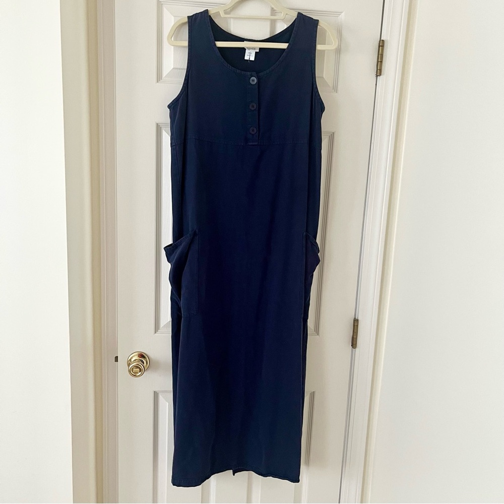 Eileen Fisher Navy Sleeveless Maxi Dress with Side Pockets, Button, Size Medium